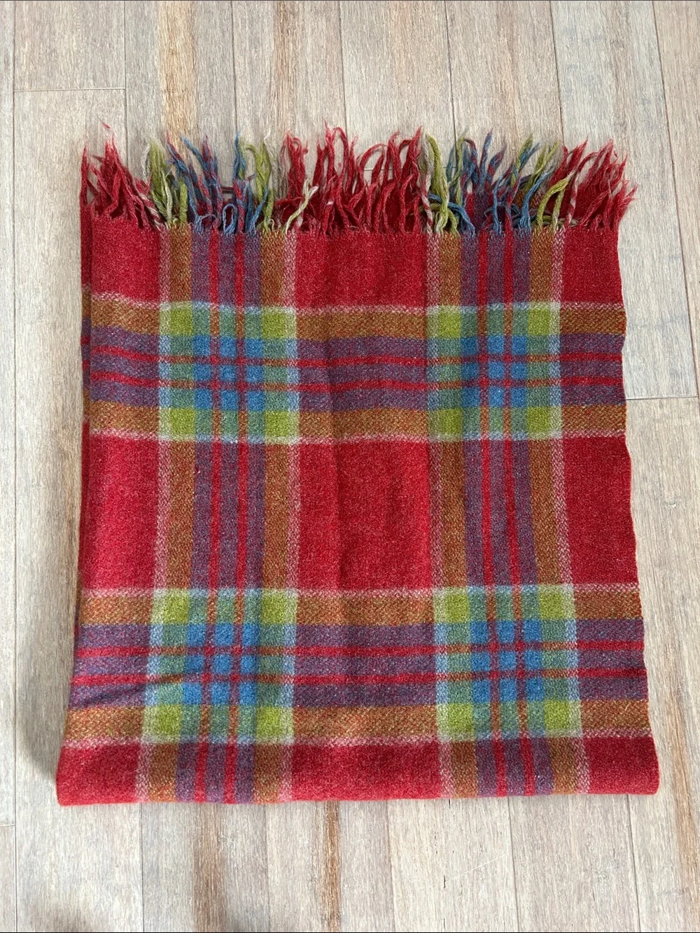 Red Plaid Fringe Scarf with Blue & Green Accents lap blanket